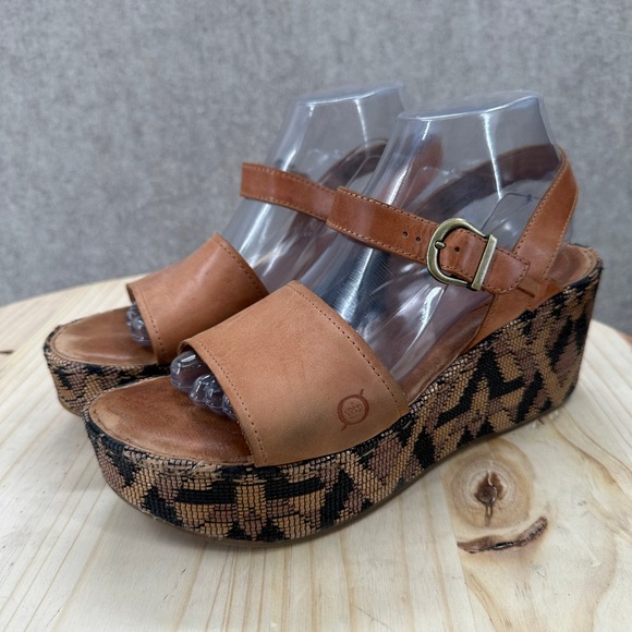 Born Shoes - Born Dorrah Wedge Sandals 9 Tan Leather Geometric Platform Ankle Strap